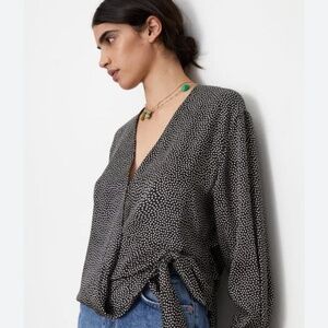 NWT Zara Black White Wrap Effect Dot Blouse Sz. M